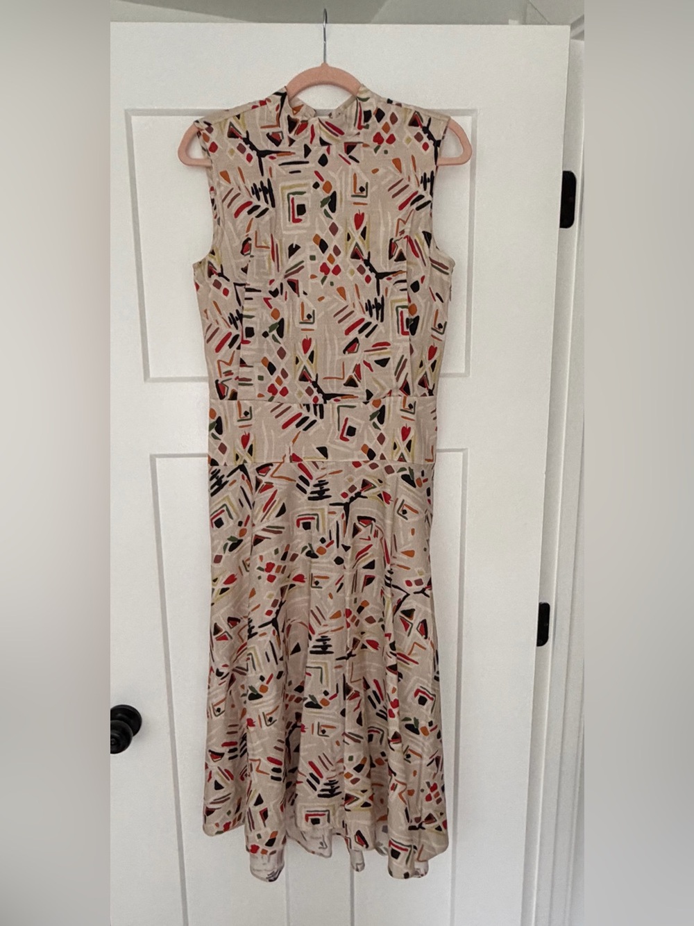 Sleeveless Printed Beige Midi Dress with Multicolor Geometric Pattern